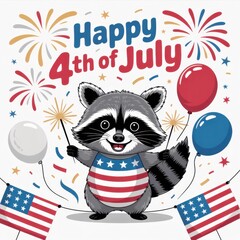 Smiling Raccoon with Stars and Balloons