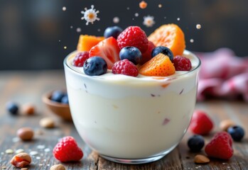 realistic yogurt parfait topped with fresh fruit, with glowing probiotic cultures illustrated floating above creamy yogurt surface.