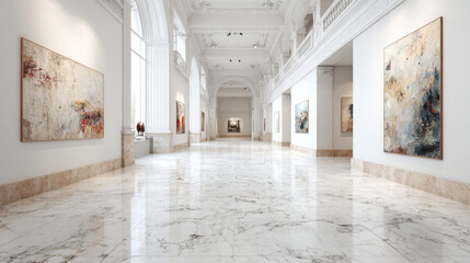 Modern art gallery interior with white marble floor and bright natural light