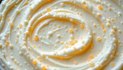 digital microscopic view of live cultures in yogurt, glowing bacteria clusters floating over creamy texture, clean scientific illustration.