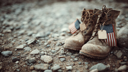 Old military combat boots with dog tags and American flag on rocky ground