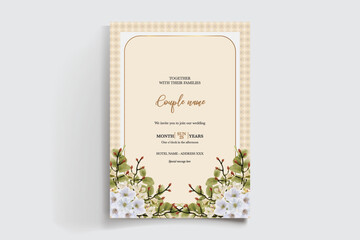 WEDDING INVITATION FRAME WITH FLOWER DECORATIONS AND FRESH LEAVES