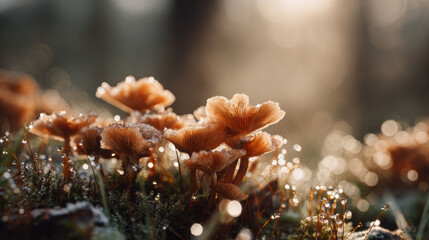 Cluster of dew covered mushrooms in sunlit forest with warm glowing light and bokeh