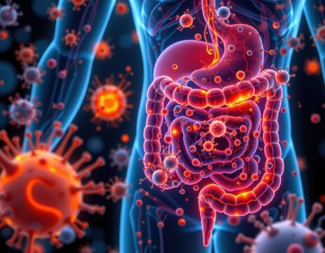 artistic view of probiotics reducing gut inflammation and hypersensitivity in ibs, glowing immune cells and bacteria communicating.