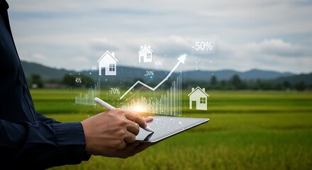 Person analyzes real estate market growth using a tablet in a rural landscape.