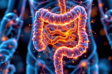 probiotics producing anti inflammatory compounds reducing ibs symptoms, glowing molecules interacting with gut lining cells.