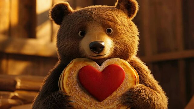 Brown bear smiling while holding a doughnut shaped like a heart.