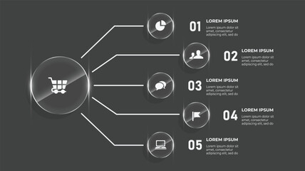3D Glass Effect Infographic with 5 Steps and Icons for Business Timeline, Web Flowchart, and Technology Concept