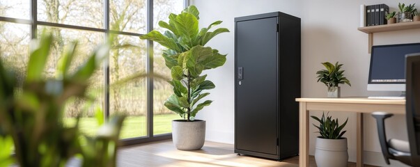 Modern dark storage cabinet in bright room