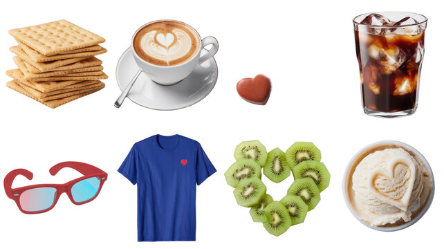 Colorful mixed object collection featuring crackers, hot coffee with latte art, heart-shaped chocolate, iced coffee, sunglasses, blue t-shirt with heart, kiwi slices in a heart shape and ice cream wit