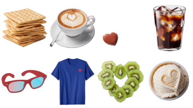 Colorful mixed object collection featuring crackers, hot coffee with latte art, heart-shaped chocolate, iced coffee, sunglasses, blue t-shirt with heart, kiwi slices in a heart shape and ice cream wit - Powered by Adobe