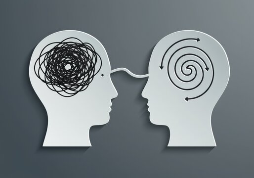 Two heads represent mental states, communication, and clarity in a visual metaphor.