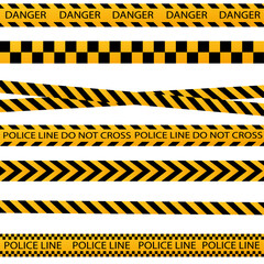 Black and yellow police stripe border, construction, danger caution seamless tapes vector set