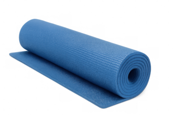 Partially rolled blue yoga mat resting on transparent surface, signaling fitness readiness and minimalist workout preparation
