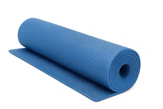 Partially rolled blue yoga mat resting on transparent surface, signaling fitness readiness and minimalist workout preparation