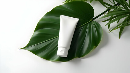 White tube on a green leaf with plants on white table