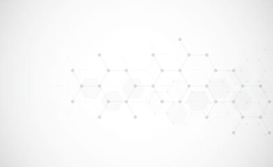 Hexagons pattern on gray background. Genetic research, molecular structure. Chemical engineering. Concept of innovation technology. Used for design healthcare, science and medicine background