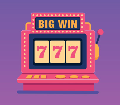  Slot machine 777, casino. Vector bright illustration of thematic banner for gambling and casino. Pink slot machine icon on light background. Flat design template for casino projects and advertising