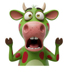 Surprised Green Cow Cartoon Character with Red Spots
