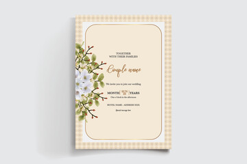 WEDDING INVITATION FRAME WITH FLOWER DECORATIONS AND FRESH LEAVES