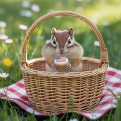 Chipmunk with cupcake in basket on picnic