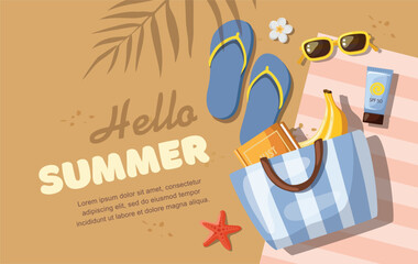 Hello summer. Beach bag, flip-flops, sunscreen and sunglasses on a sandy beach.