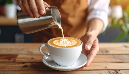 barista making latte art on coffee, milk pouring