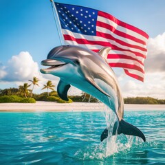 Dolphin jumping joyfully with USA flag