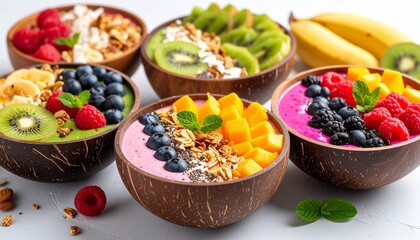 Colorful smoothie bowls with tropical fruits and granola