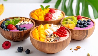 Colorful smoothie bowls with tropical fruits and granola