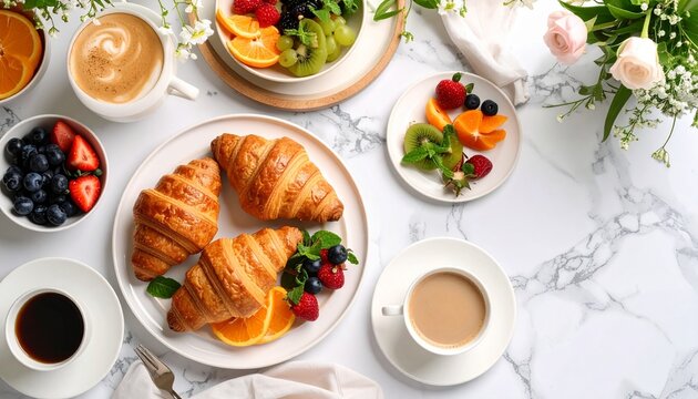 breakfast with croissants, coffee, and fruit on marble background