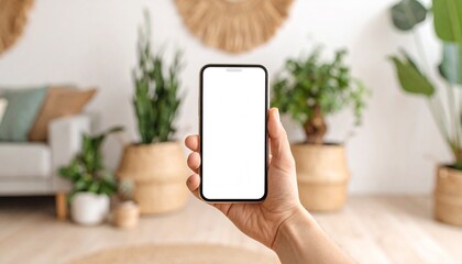 Phone mockup with blank white screen held by hand in neutral indoor space