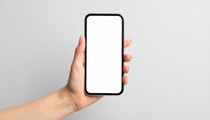 Phone mockup with blank white screen held by hand with clean background