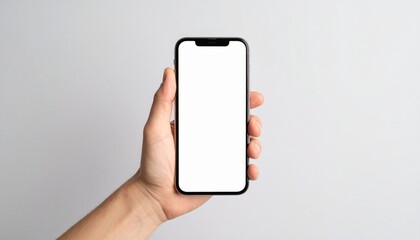 Phone mockup with blank white screen held by hand with clean background