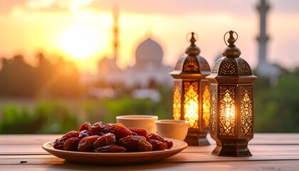 Ramadan iftar scene with dates, tea, and lanterns, warm lighting