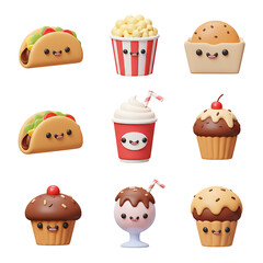 Cute Cartoon Food Illustrations: Tacos, Popcorn, Cupcakes, and Milkshakes