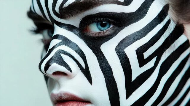 A woman with a zebra print face paint. She has blue eyes