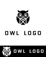 Modern abstract owl logo design in black and white with geometric shapes forming the owl’s face and body