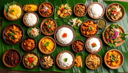 Top-down shot of traditional Indonesian dishes served on banana leaf, vibrant colors