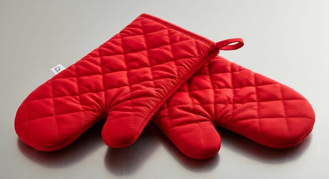two pairs of red comfortable oven mitts in white clean background