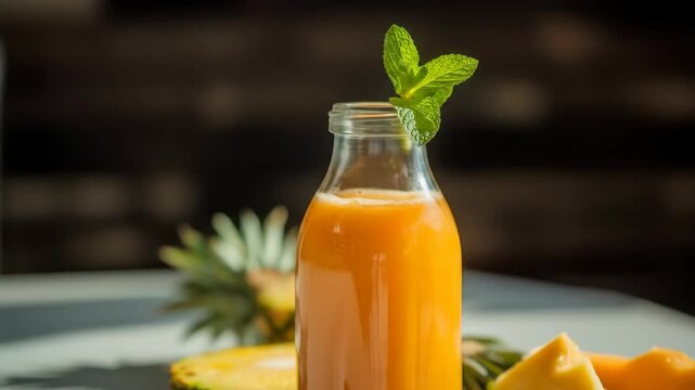 Refreshing pineapple cantaloupe smoothie in glass bottle under sunny daylight perfect healthy beverage image for food blogs and health websites