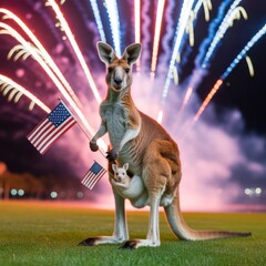 Kangaroo holding American flag under fireworks
