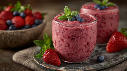 Close-up of two chilled strawberry smoothies garnished with vibrant green mint, placed on a polished marble surface, beside a rustic bowl brimming with fresh strawberries and blueb