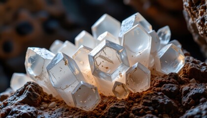close up of raw quartz mineral forming hexagonal crystal prisms, translucent and glowing softly in mountain cave.