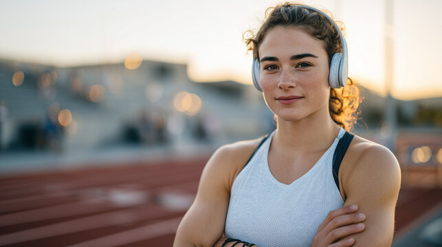 Sunset-lit female runner with headphones, standing near the starting blocks of a stadium track, arms crossed and focused expression, ample empty space on right side for message