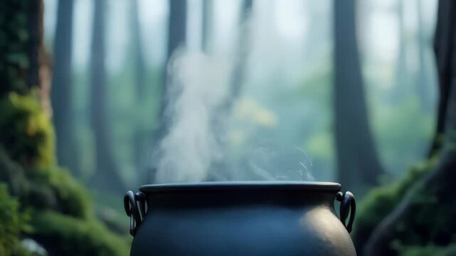 Paranormal legends about dark cauldron sits in a dense foggy forest surrounded by mystical foliage and shadows