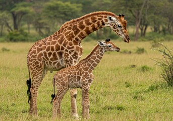 A graceful mother giraffe with her calf in a vibrant savanna setting, showcasing family bonding.
