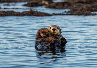 A sea otter and its adorable pup float together in the ocean's serene embrace.