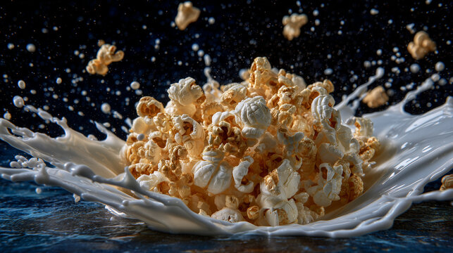 Crispy golden popcorn bursting through a splash of thick creamy milk, droplets flying in mid-air, dynamic frozen motion with bright highlights capturing the joyous snack moment