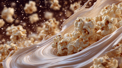 Popcorn pieces suspended in a swirling splash of luscious cream, bright lighting accentuating crunchy textures and fluid movement, creating a festive and fun food imagery